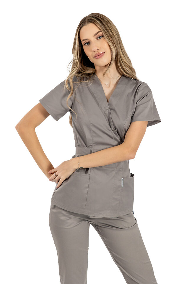Siva kimono medicinska halja z elastanom in dvema našitima žepoma