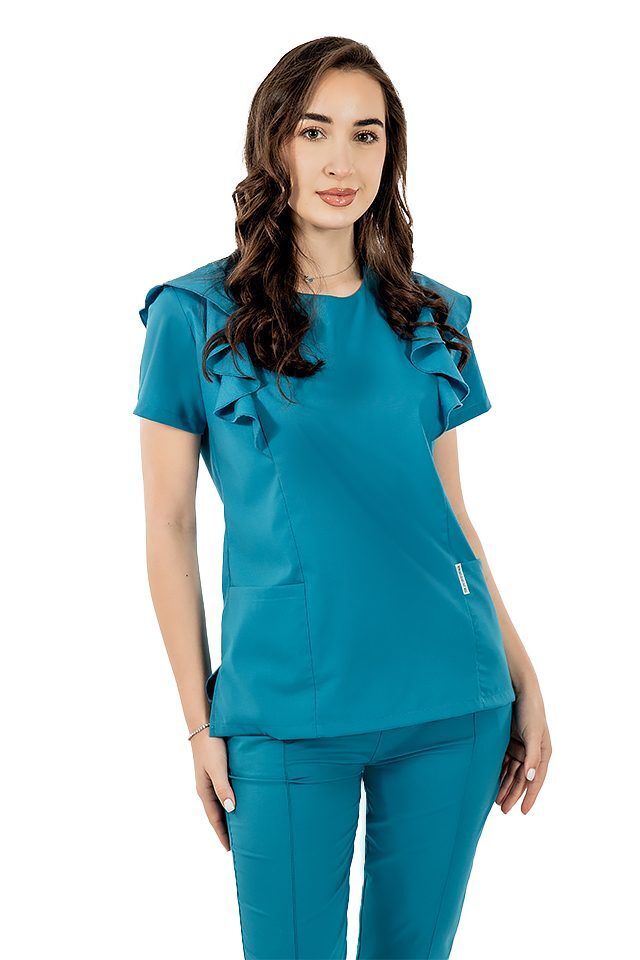 Raztegljiva medicinska obleka Cristina, akvamarinska barva, bluza z naborki in hlače z vrvico za zategovanje ter elastiko