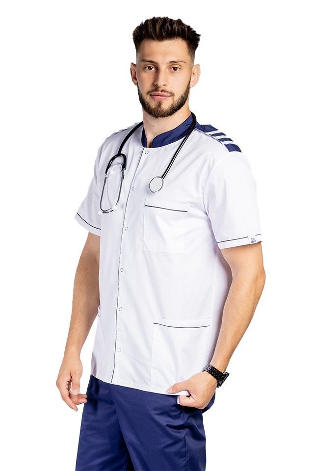 Bela moška medicinska halja z mornarsko modrim ovratnikom tunike, epoletami in tremi žepi 