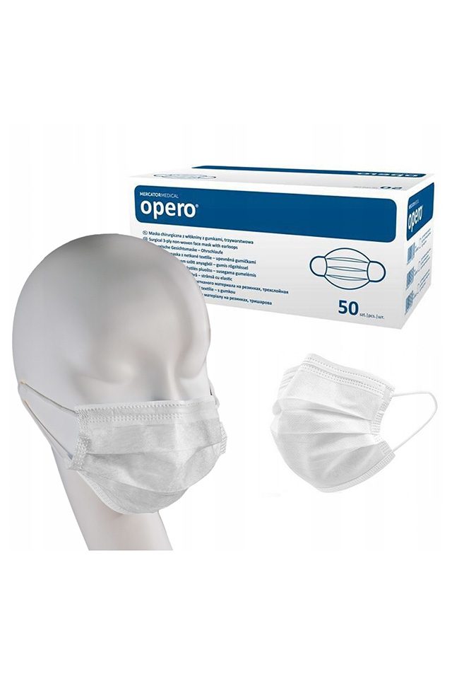 Medicinske kirurške maske tipa IIR, 3-slojne, z elastiko, 50 kosov v škatli, bele barve