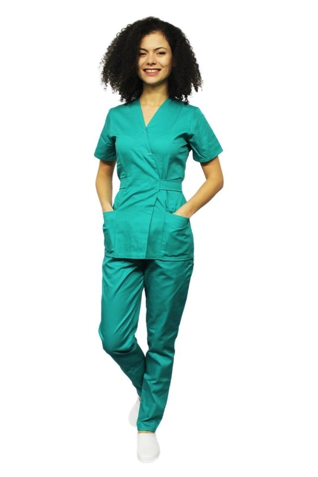 Kirurški zeleni medicinski kombinezon, kimono bluza in hlače z elastiko