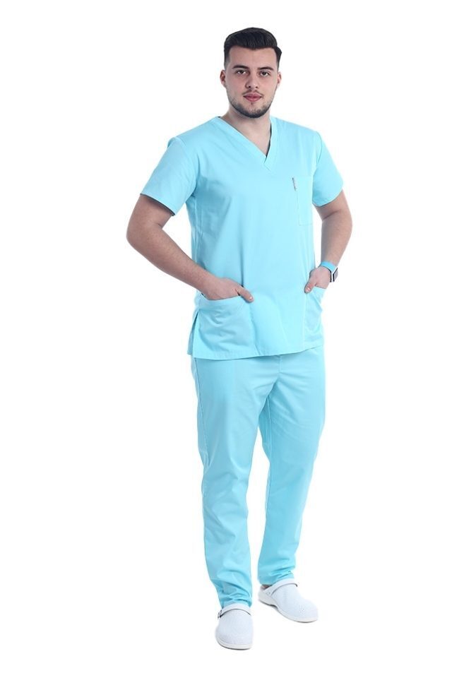 Moški medicinski kombinezon barve mint z elastanom, bluzo z V-izrezom in hlačami z vrvico za zategovanje