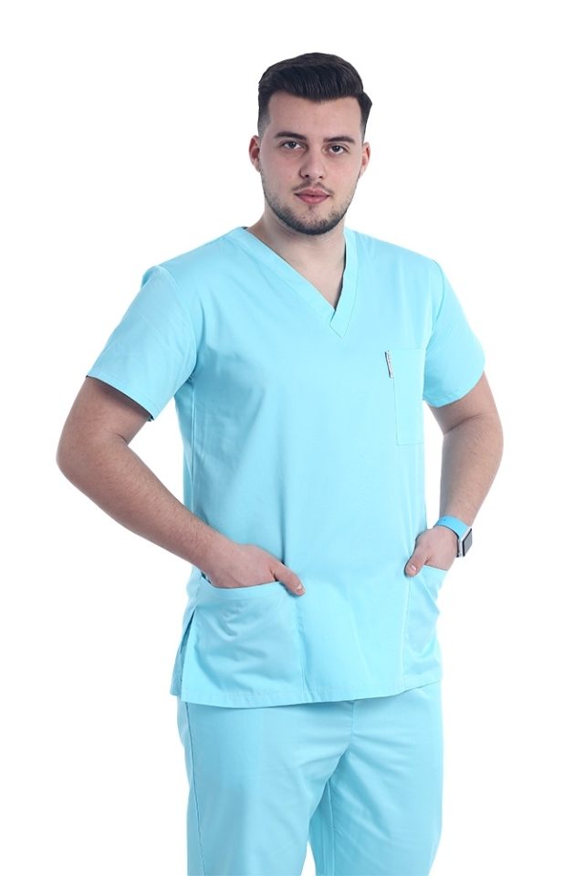 Moška medicinska halja barve mint z elastanom, V-izrezom in tremi našitimi žepi