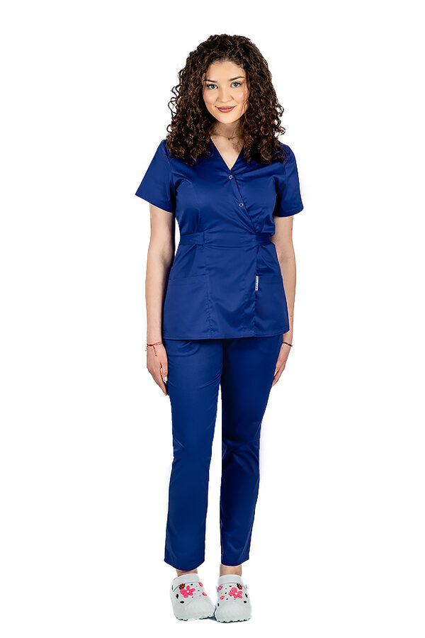 Modra medicinska obleka, kimono bluza in hlače z elastiko