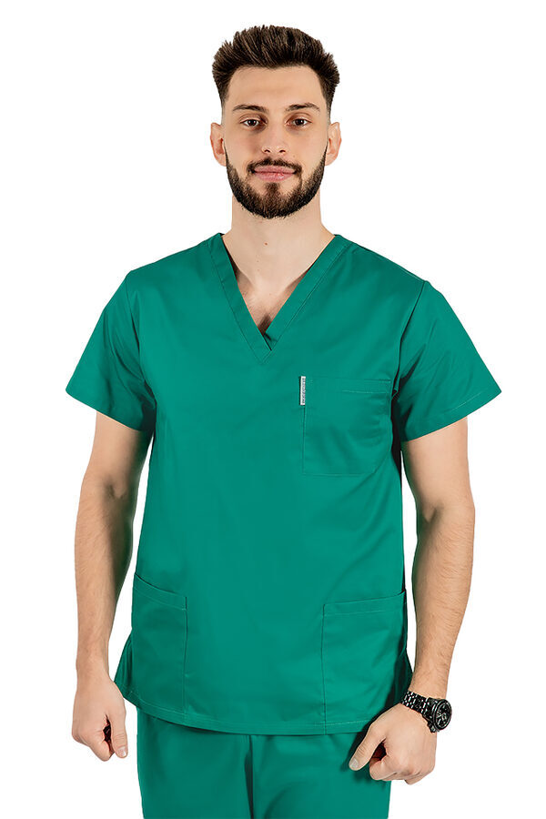 Uniseks kirurška zelena medicinska halja s sidrom v obliki črke V in tremi žepi