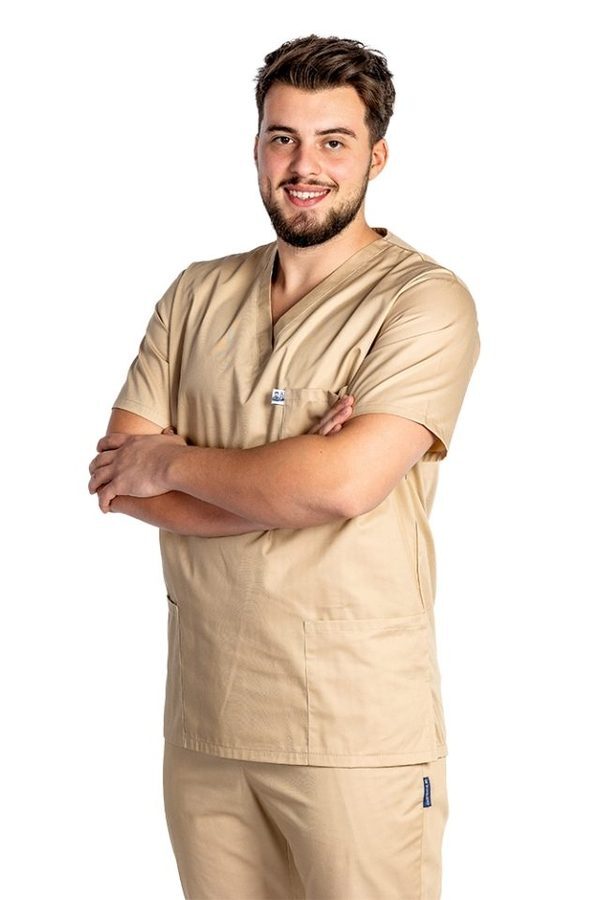 Moška medicinska halja iz krem elastana z V-izrezom in tremi našitimi žepi