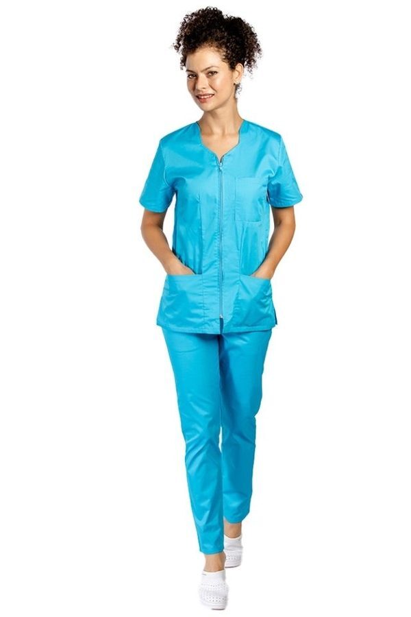 Turkizna medicinska obleka z elastanom, bluza z zadrgo v pasu, trije našiti žepi in hlače z vrvico za zategovanje