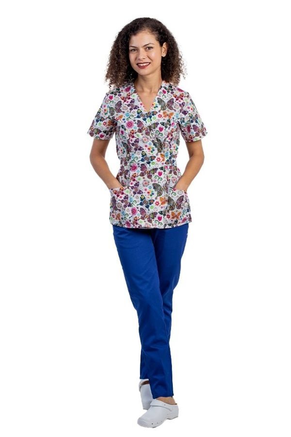 Fantasy kimono medicinski kombinezon, bluza s potiskom in hlače z elastiko