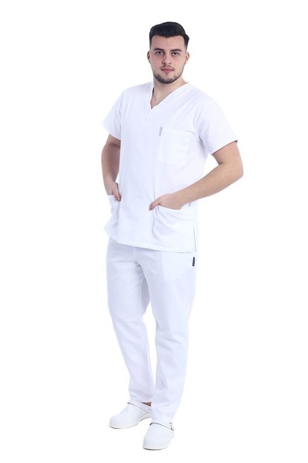 Bela medicinska obleka z elastanom, moška, bluza z V-izrezom in hlače z vrvico za zategovanje